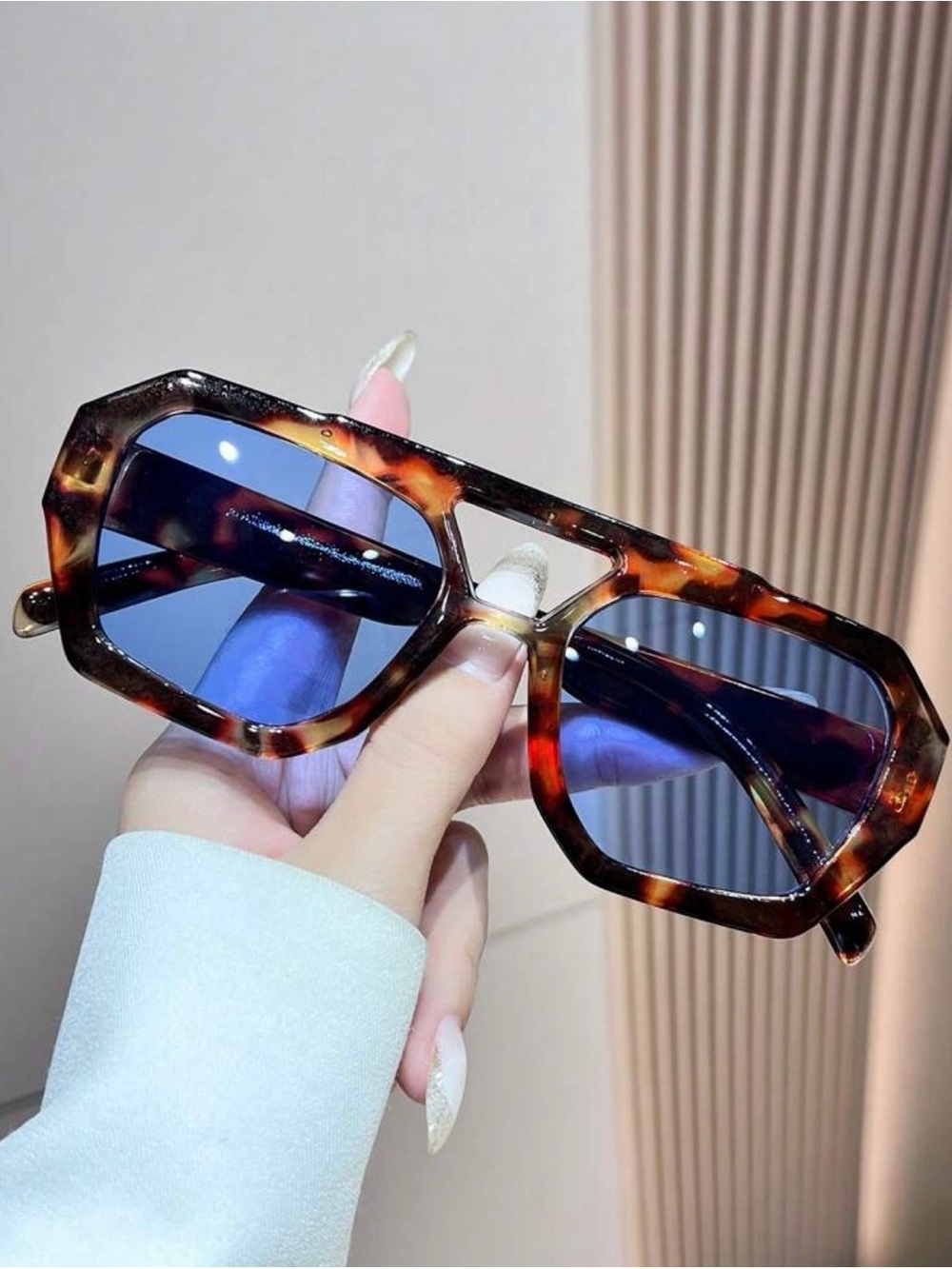 Tortoiseshell Geometric Sunglasses with Blue Lenses